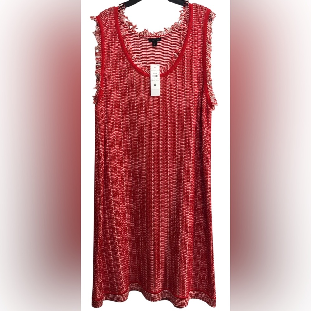 ANN TAYLOR N.W.T. Size XL Chic Red & White Knit Sleeveless Dress Fringe 💯 Cotton